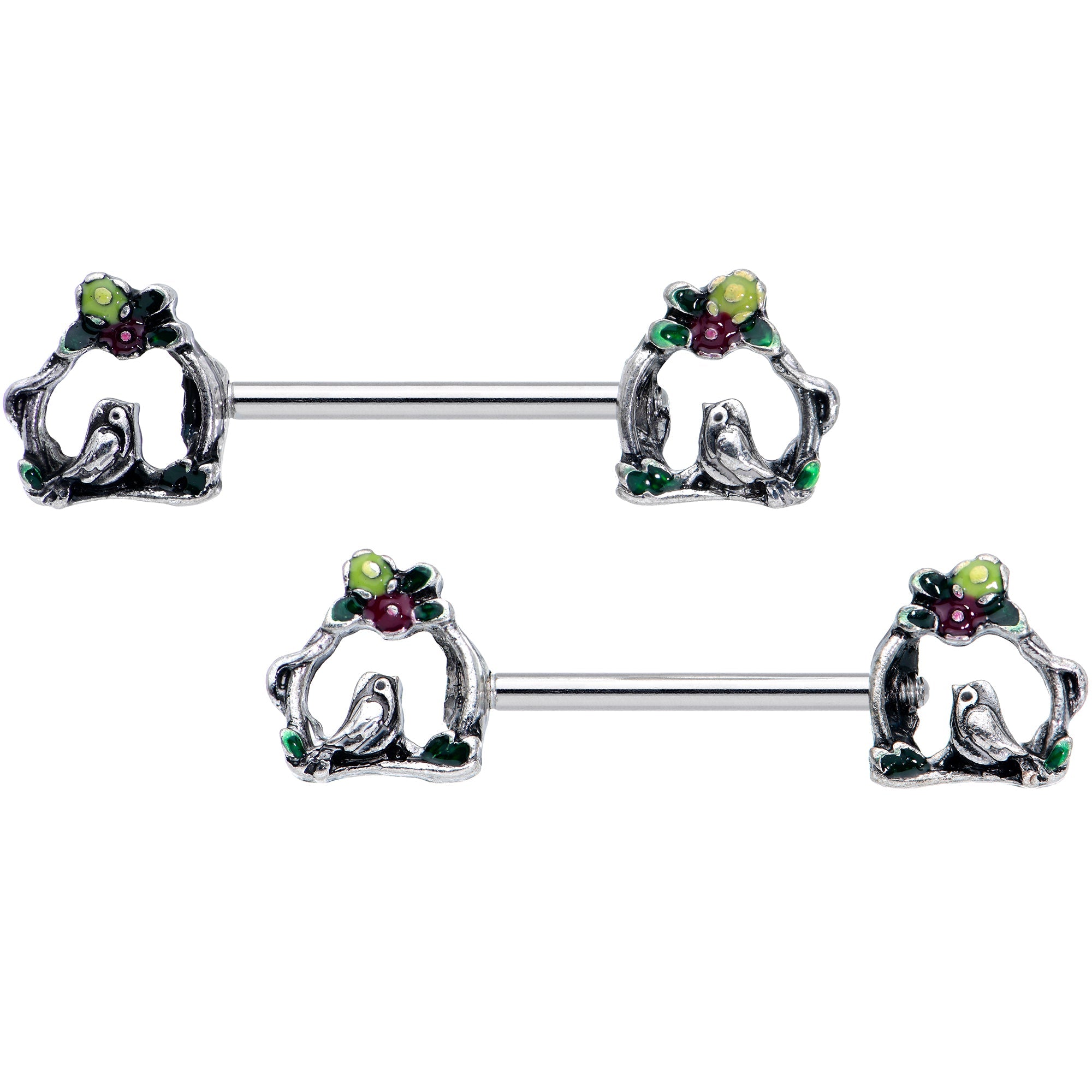 14G 9/16 Purple Yellow Flower Swing Bird Barbell Nipple Ring Set