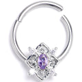 16G 3/8 Purple Clear Gem Lace Look Hearts Hinged Segment Ring