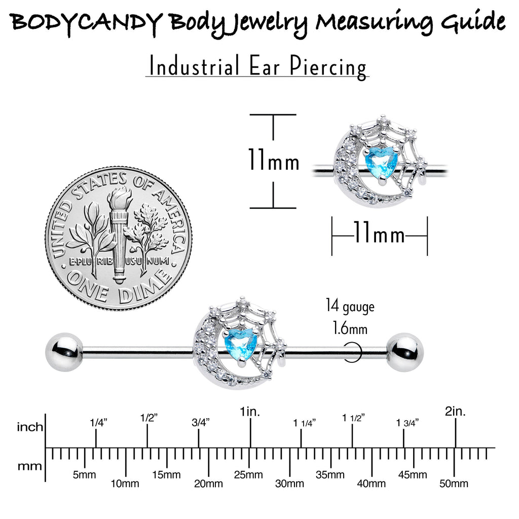 14G Blue CZ Gem Heart Web Moon Industrial Barbell 38mm