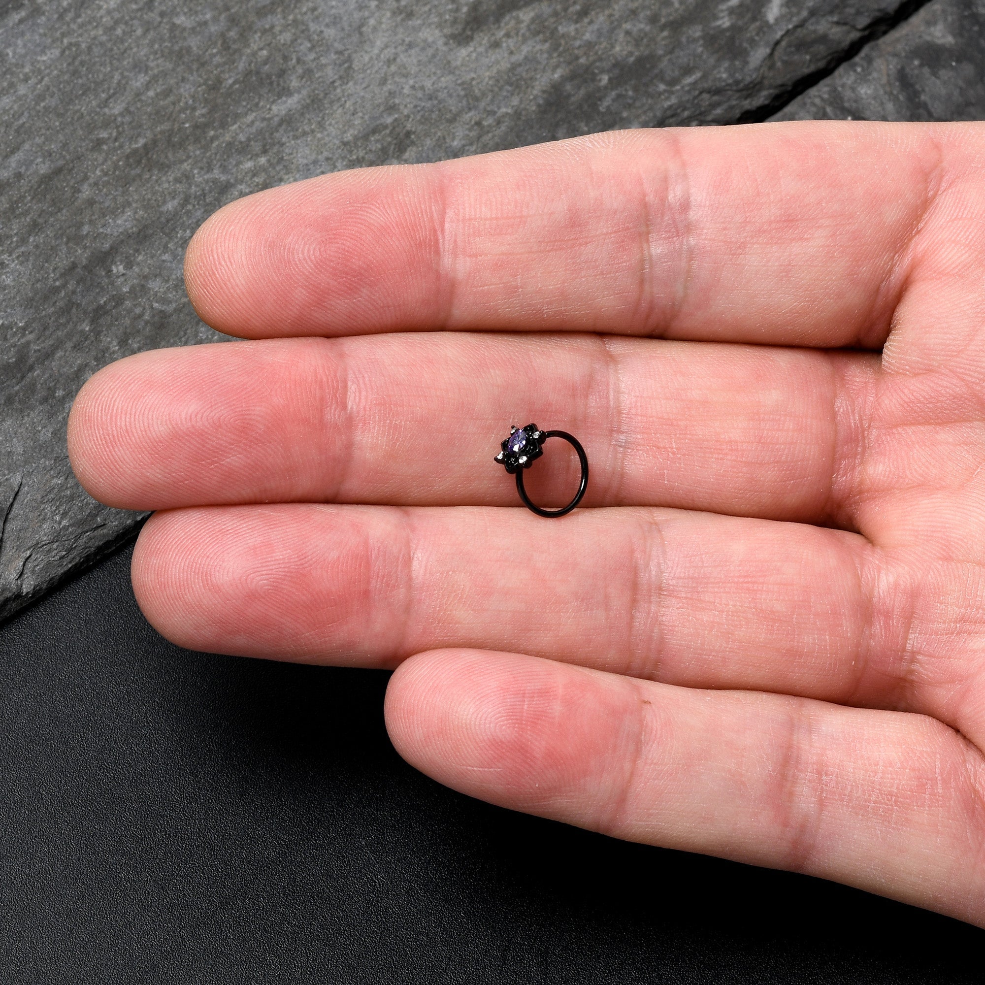 20G 5/16 Purple Gem Black Scrolling Hearts Nose Hoop