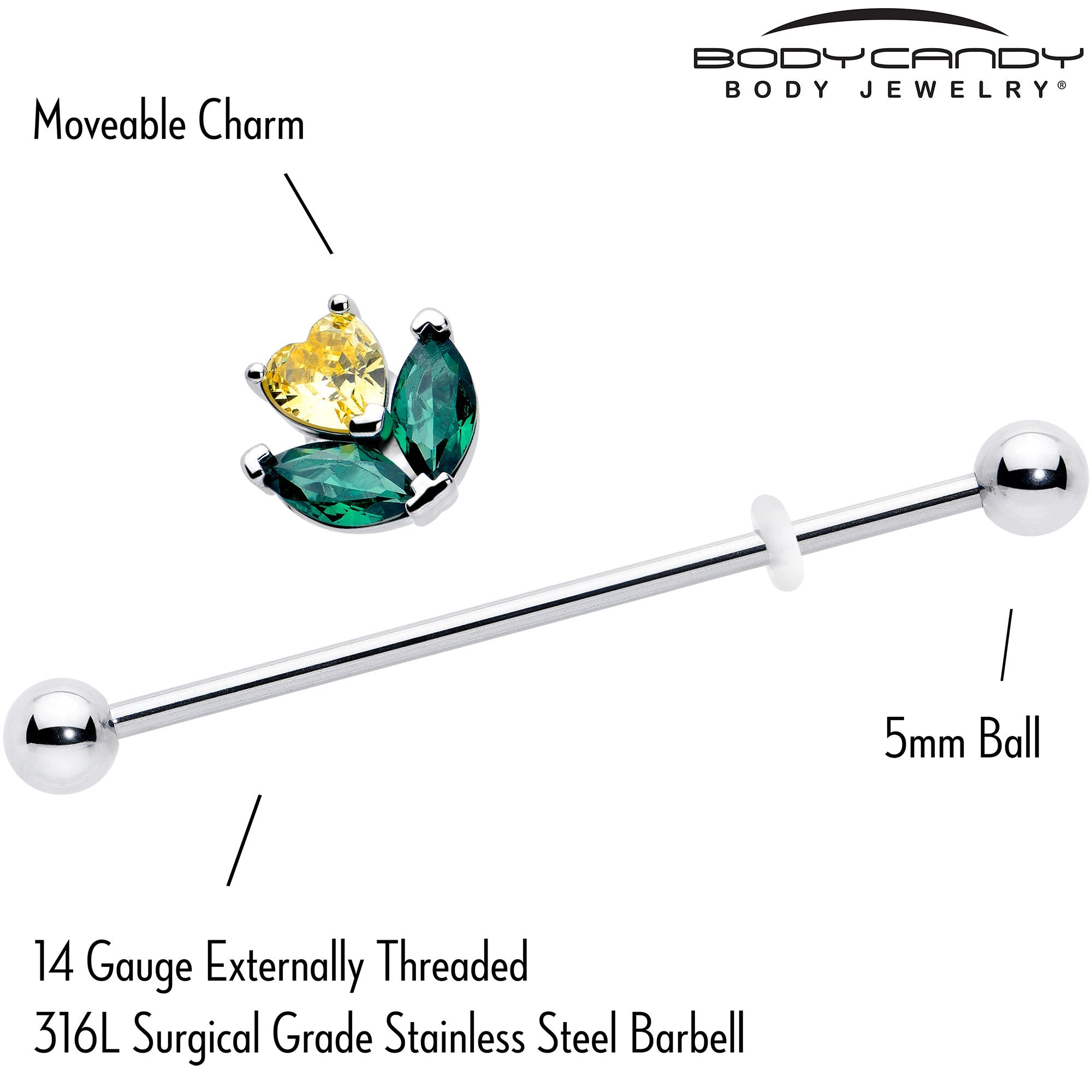 14G Yellow Green CZ Gem Love Flower Industrial Barbell 38mm