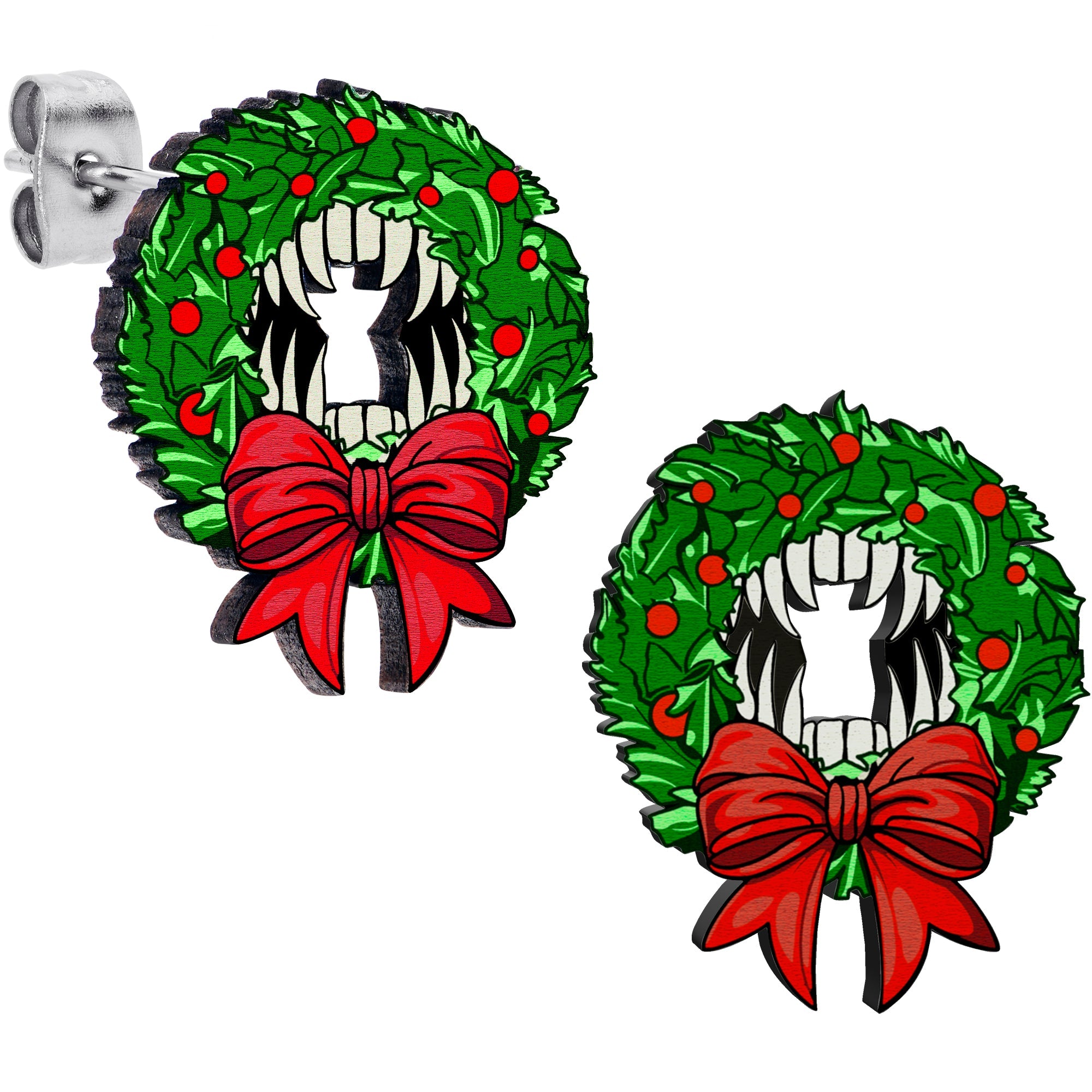 Handmade Wooden Vampire Wreath Holiday Christmas Stud Earrings by Onyx O