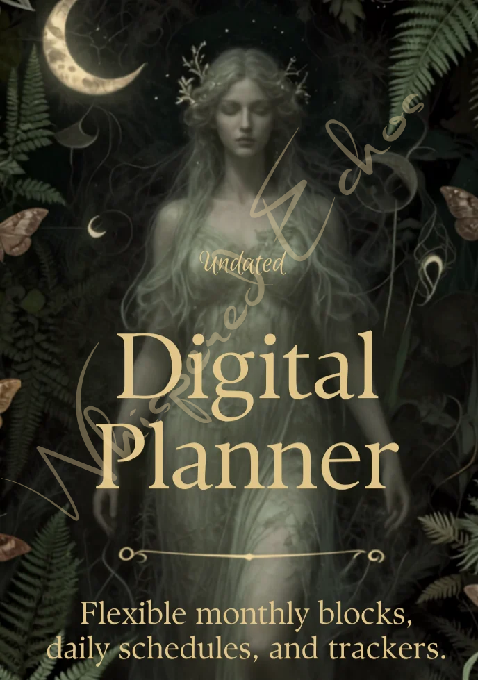 Digital planner cover art featuring a dark fantasy-style illustration of a woman surrounded by ferns, a crescent moon, and butterflies, with large gold text reading 'Digital Planner' and smaller text describing monthly blocks, daily schedules, and trackers.